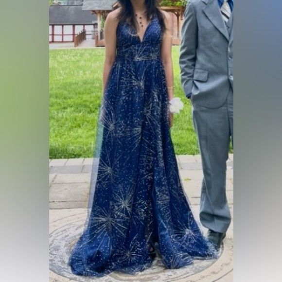 Womens Royal Blue V-neck Glitter Hi-cut Slit Prom Dress - Picture 9 of 11